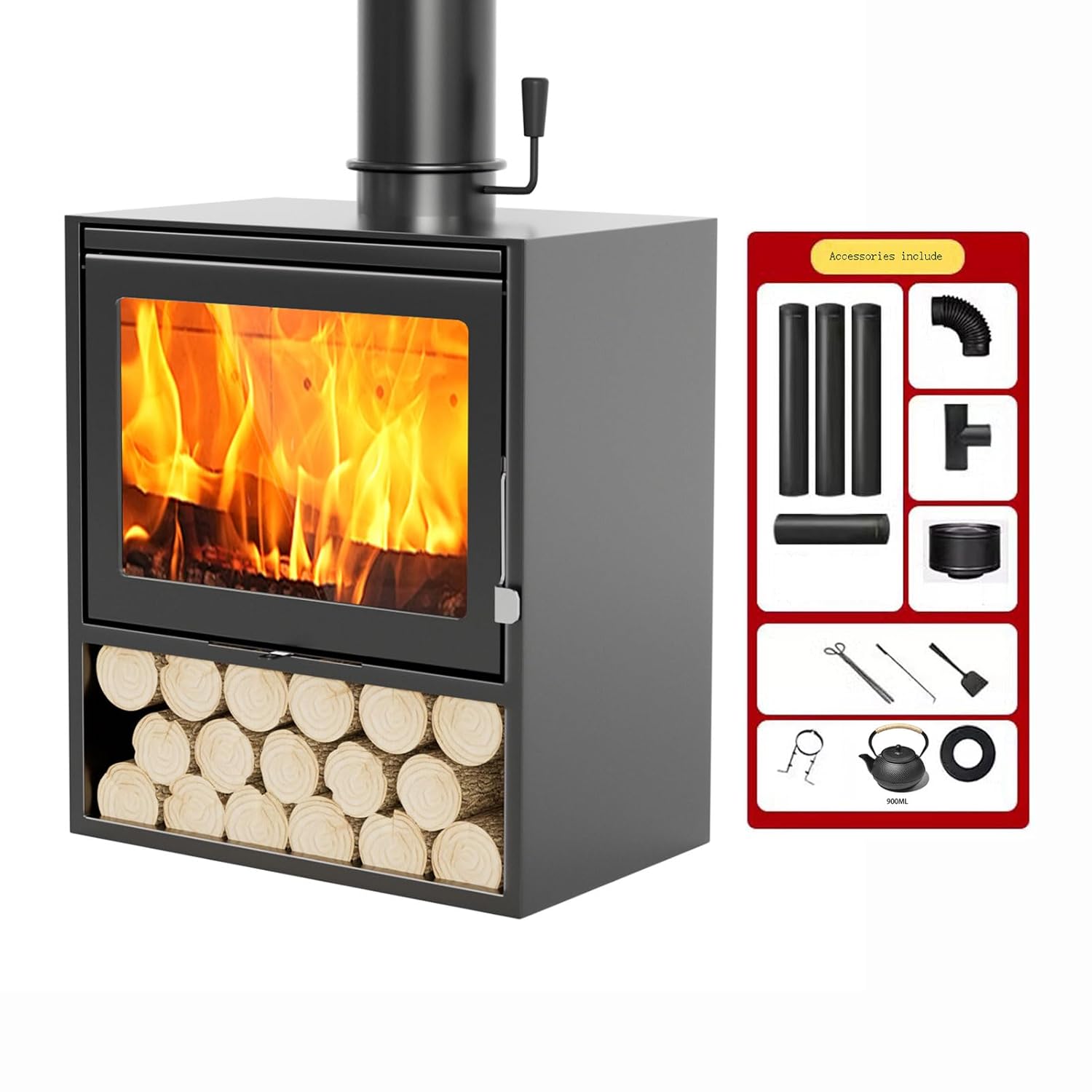 15KW Cast Iron Wood Burning Stove, Heavy Duty Wood Burning Stove with Ceramic Glass Window, Indoor Wood Stove for Room Warming (Size : 85 x 60 x 49cm)