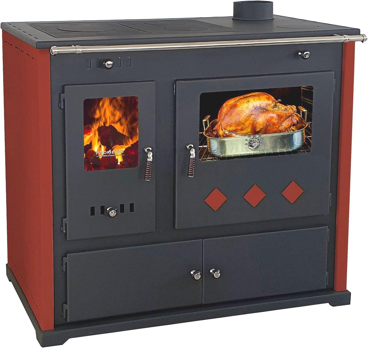 EEK Practik Lux 9.5 kW Wood Burning Stove with Hob and Hob Efficiency Class A+ Red